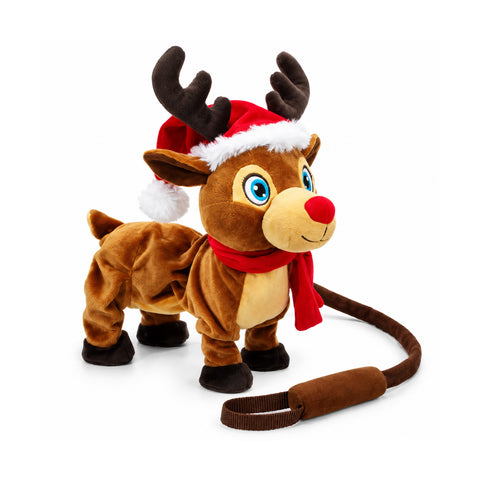 Renna peluche che cammina con musica e guinzaglio H33 cm