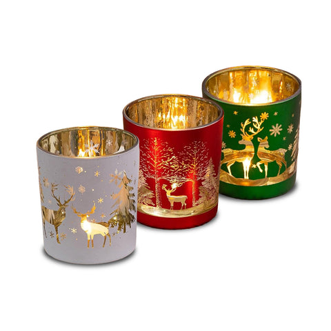 Set di 3 Portacandele Decorativi in Edizione Limitata Natalizia in Vetro