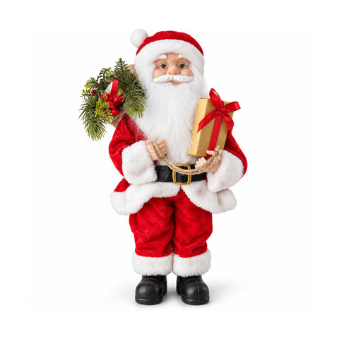Karácsonyi Mikulás- és Mikulásné-figura, h45cm, lakásba, üzletbe és kirakatba való dekoráció, 3 féle változat fenyőágakkal és tobozokkal