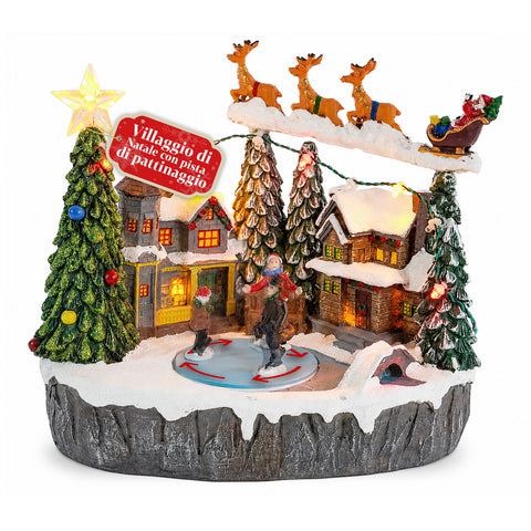 Snowtime megvilágított karácsonyi falu animált korcsolyapályával, LED-fényekkel és zenével, a Mikulás szánjával, polirezinből, 21,5x15,8x22,5 cm