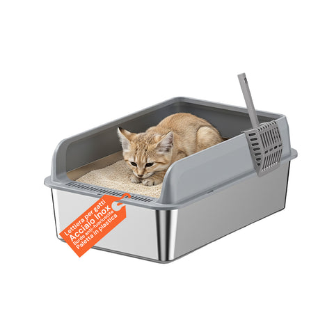 Kit Lettiera Acciaio per Gatti – Completo di Coperchio, Paletta e Sacchetto