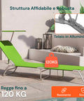 Lettino da sole con struttura affidabile e robusta, telaio in alluminio resistente che regge fino a 120kg, sicuro e durevole