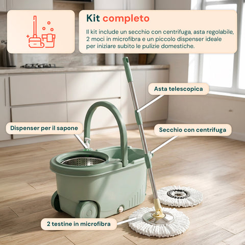 Kit mocio completo con asta telescopica, dosatore sapone e 2 testine