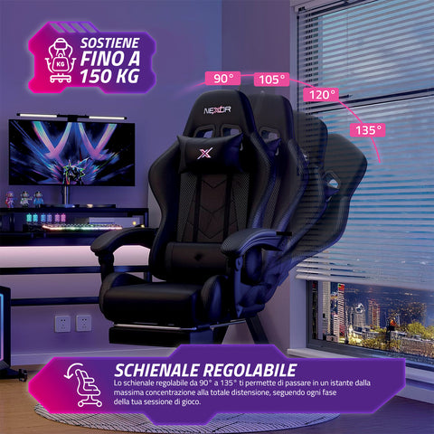 Schienale regolabile della sedia gaming reclinabile, portata 150 kg
