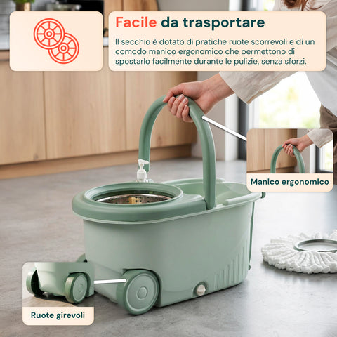 Secchio mocio facile da trasportare con ruote, maniglia e scarico