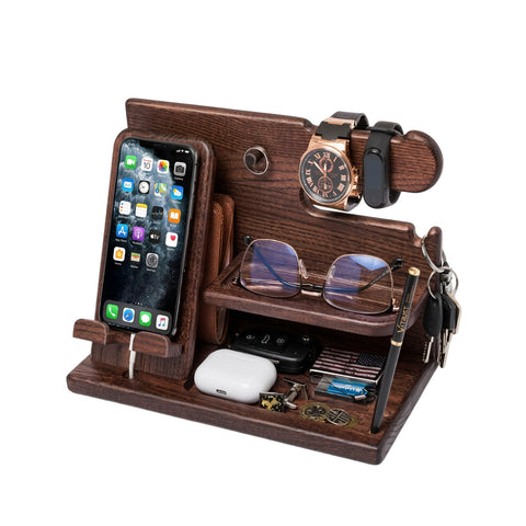 Organizer da Scrivania in Legno con Supporto Smartphone e Porta Orologi