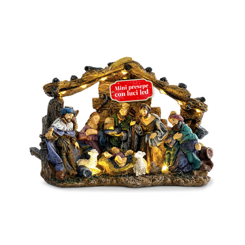 HolyGlow polirezin betlehem LED-fényekkel és BE/KI kapcsolóval, rusztikus istállóval és stabil talppal, 23x11,5x17 cm