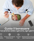 Uomo mangia pranzo caldo in ufficio con scaldavivande elettrico, pasto genuino pronto in 15-25 minuti, acciaio inox 75°C