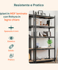 Scaffale resistente e pratico con 5 ripiani in MDF laminato spessore 4mm effetto legno chiaro, estetico solido durevole