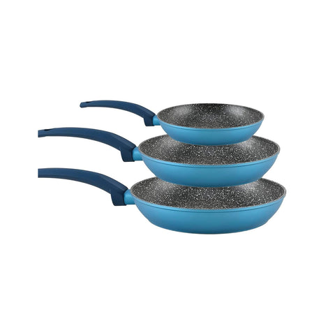 Kék, tapadásmentes serpenyők indukciós aljjal, 3 darabos készlet ergonomikus fogantyúval