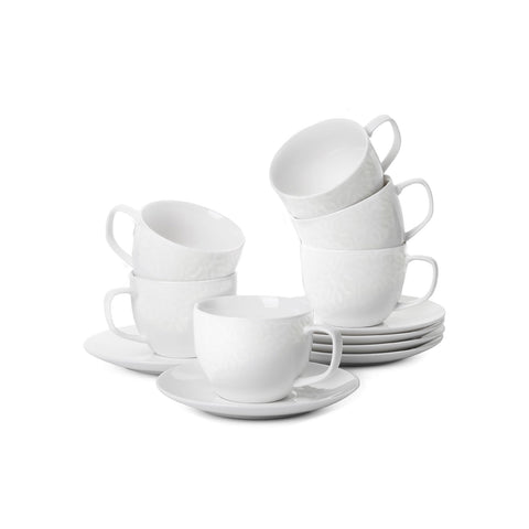 6 darabos, 80 cc-s porcelán eszpresszókészlet csészékkel és alátétekkel - dombornyomott virágmintával