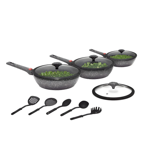 Set completo 12 pezzi con padelle 20cm, 24cm, 28cm, coperchi in vetro e 5 utensili in nylon, perfetto per verdure fresche