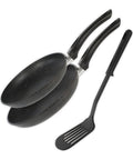 Set completo con 2 padelle e spatola forata in acciaio al carbonio con rivestimento effetto marmo nero elegante