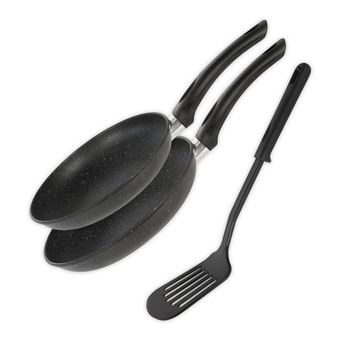 Set completo con 2 padelle e spatola forata in acciaio al carbonio con rivestimento effetto marmo nero elegante