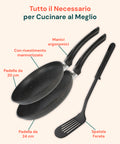 Tutto il necessario per cucinare al meglio: manici ergonomici, padelle da 20 e 24cm con spatola forata inclusa