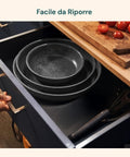 Set padelle Bavaria con manici removibili impilate nel cassetto - design salvaspazio per cucina organizzata, 3 misure diverse