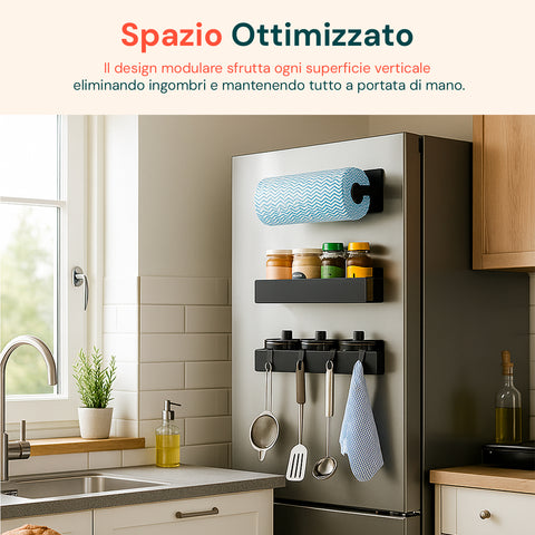 Set 3 Organizer Magnetico Cucina: Porta Spezie, Barattoli e Porta Rotolo Senza Fori