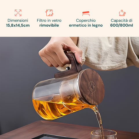 Dettagli tecnici teiera vetro: dimensioni 15,8x14,5cm, filtro rimovibile, coperchio ermetico legno, capacità 600/800ml
