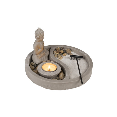 Jin-jang zen kert tányéron, gyertyatartóval és cementből készült Buddhával, 19x12 cm